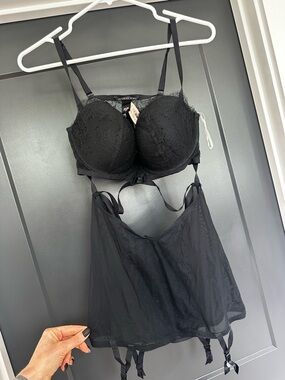 Victoria's Secret Black Lace Push-Up Bra with Sheer Babydoll Skirt